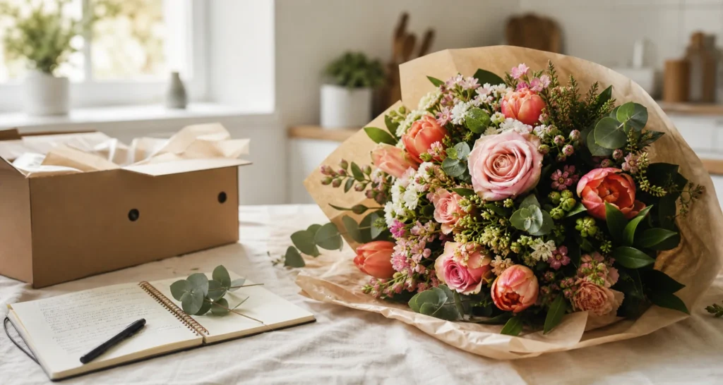 Frisch gelieferter Blumenstrauß mit rosa Rosen, Tulpen, weißen Blüten und Eukalyptus auf einem hellen Tisch