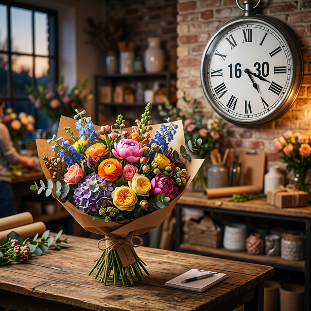 Euroflorist Blumenstrauß mit Uhr auf 16:30 Uhr