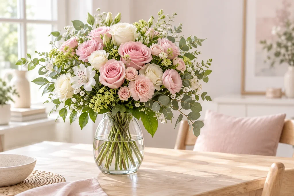 Symbolbild: Rosa-weißer Blumenstrauß in einer Glasvase