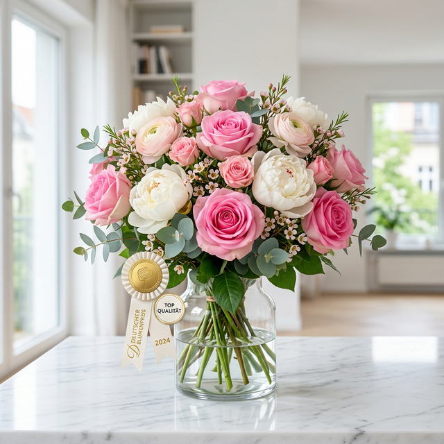 FloraPrima Blumenstrauß mit Rosen und Pfingstrosen in Glasvase