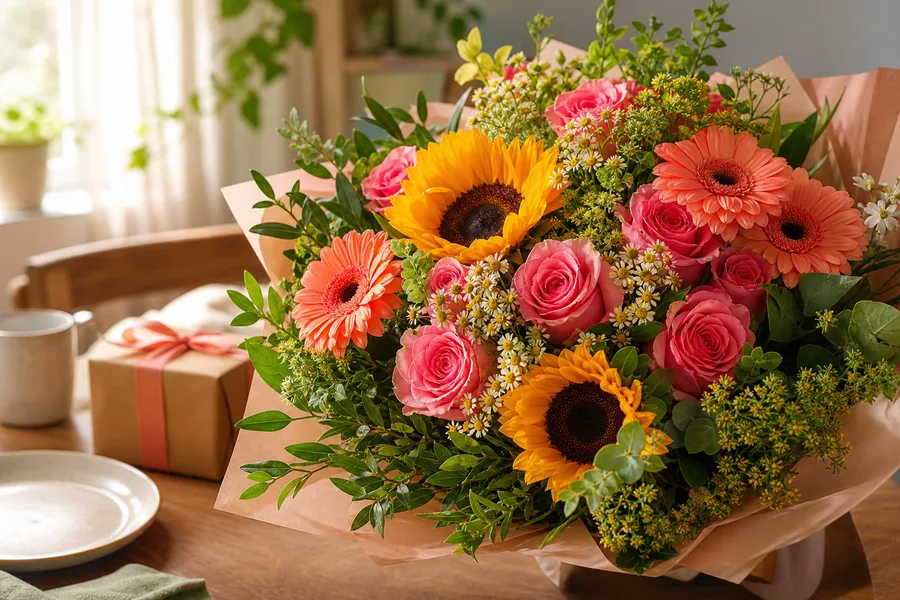 Bunter Geburtstagsstrauß mit Sonnenblumen, Rosen und Gerbera auf einem hellen Tisch