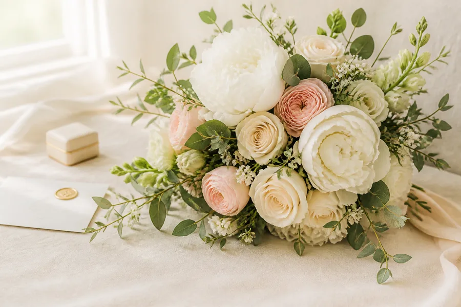 Heller Hochzeitsstrauß mit weißen Pfingstrosen, cremefarbenen Rosen und Eukalyptus