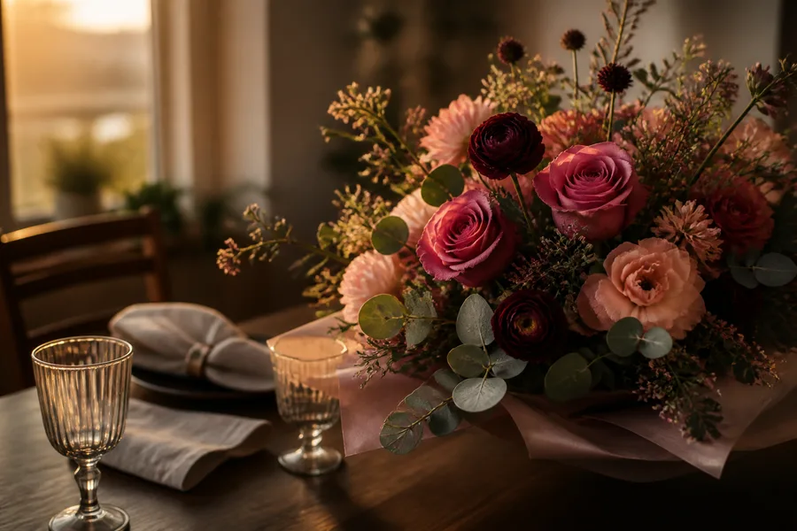 Warmer Jahrestagsstrauß mit rosafarbenen Rosen, burgunderfarbenen Blüten und Eukalyptus
