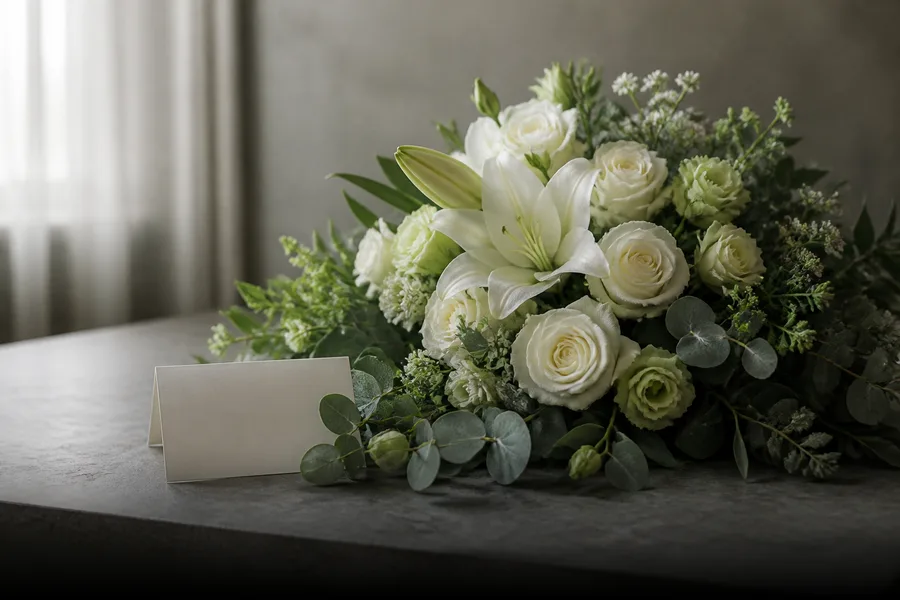 Dezenter Trauerstrauß mit weißen Lilien, weißen Rosen und ruhigem Grün