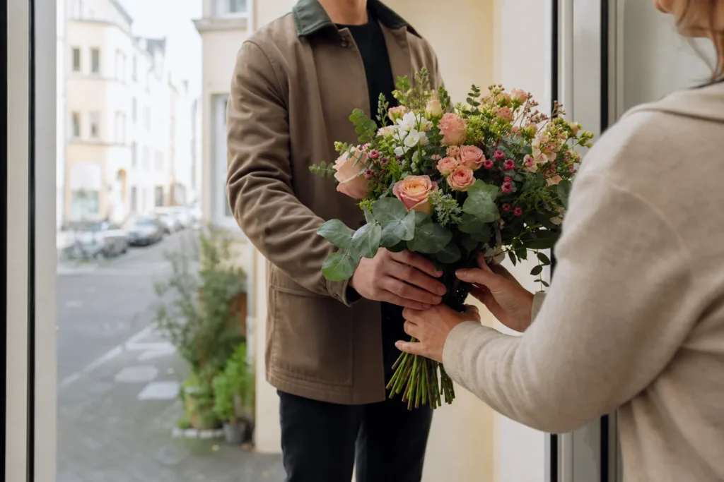 Blumenstrauß wird an der Tür einer Stadtwohnung übergeben