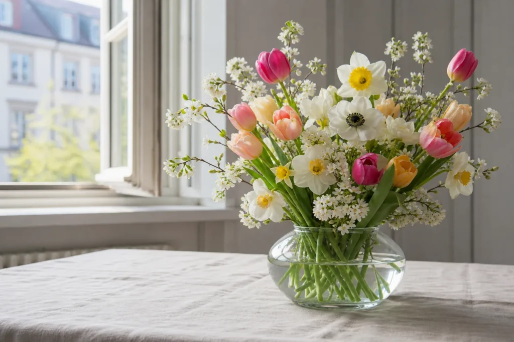 Heller Frühlingsstrauß mit Tulpen, Narzissen und Anemonen am Fenster