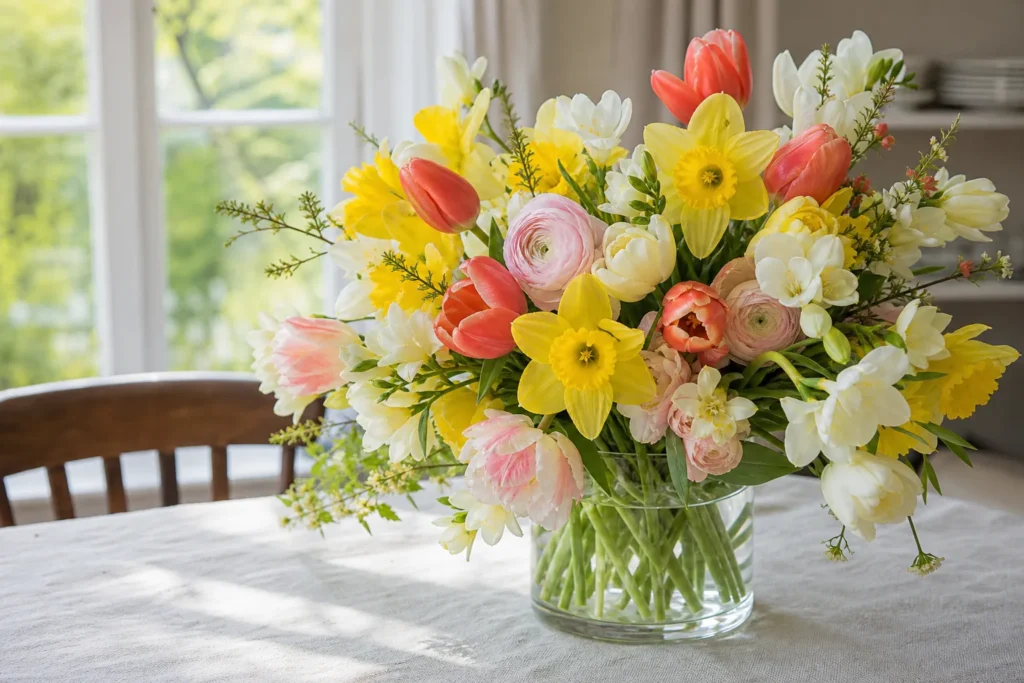 Frischer Frühlingsstrauß mit Tulpen, Narzissen, Ranunkeln und Freesien