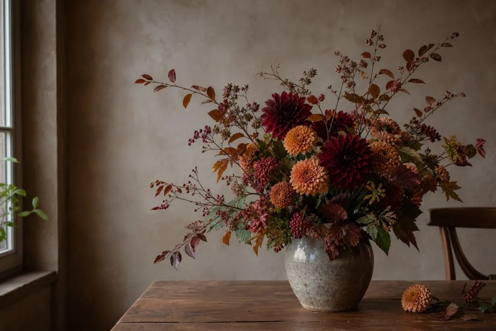 Natürlicher Herbststrauß mit Dahlien und Chrysanthemen auf dunklem Holztisch
