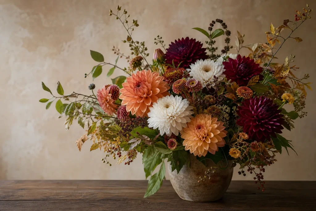 Herbststrauß mit Dahlien und Chrysanthemen in warmen Farben