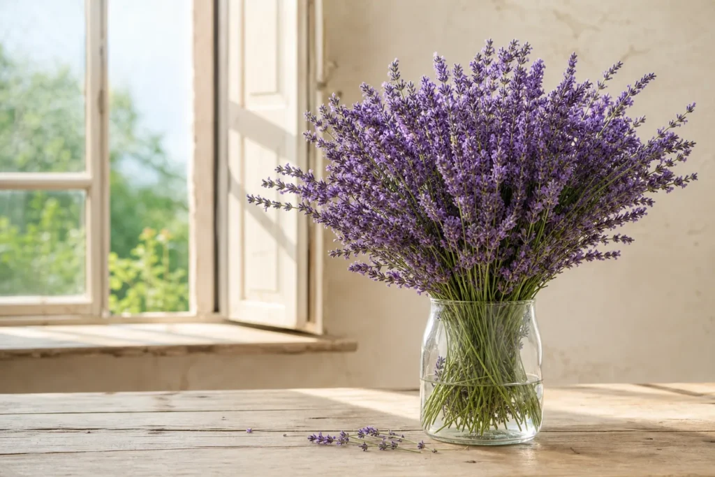 Frischer Lavendelstrauß in einer klaren Vase auf hellem Holztisch
