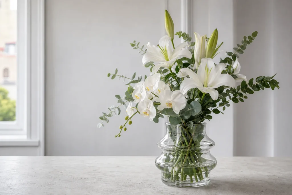 Elegantes Arrangement mit weißen Lilien und cremefarbenen Orchideen in einer Glasvase