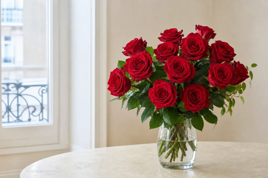 Tiefrote Rosen in einer klaren Vase in einem hellen Wohnraum