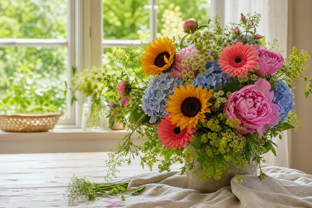 Sommerstrauß mit Sonnenblumen, Gerbera, Pfingstrosen und Hortensien