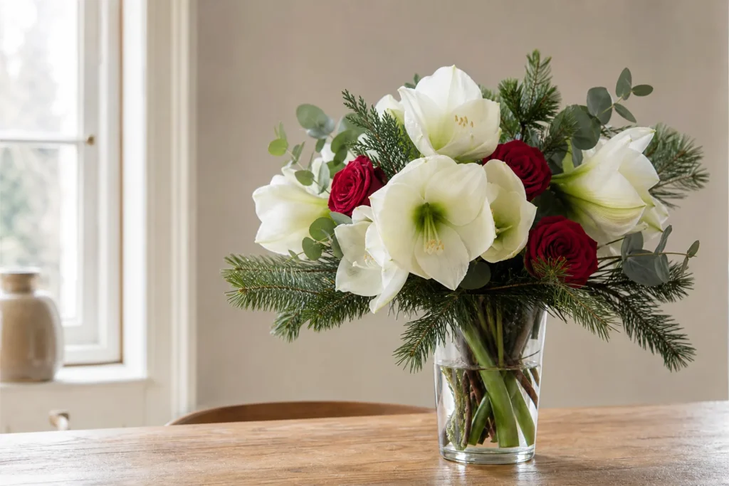 Winterlicher Strauß mit weißen Amaryllis, roten Rosen und immergrünen Zweigen
